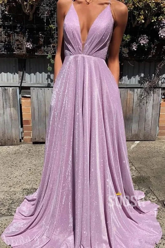 A-Line Deep V Neck Lavender Sparkly Prom Dress with Pockets QP0882