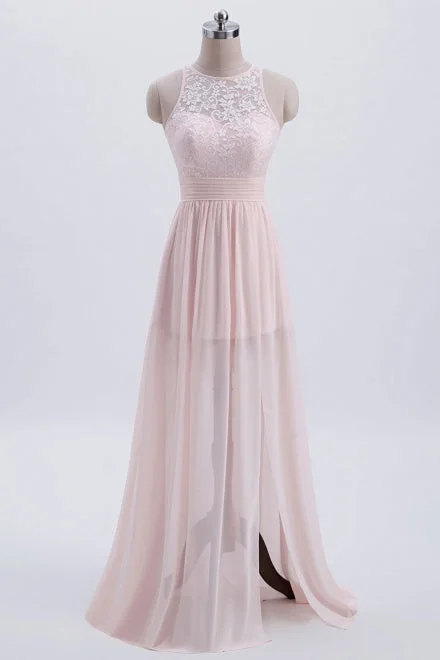 Crew Neck Pearl Pink Long Bridesmaid Dress