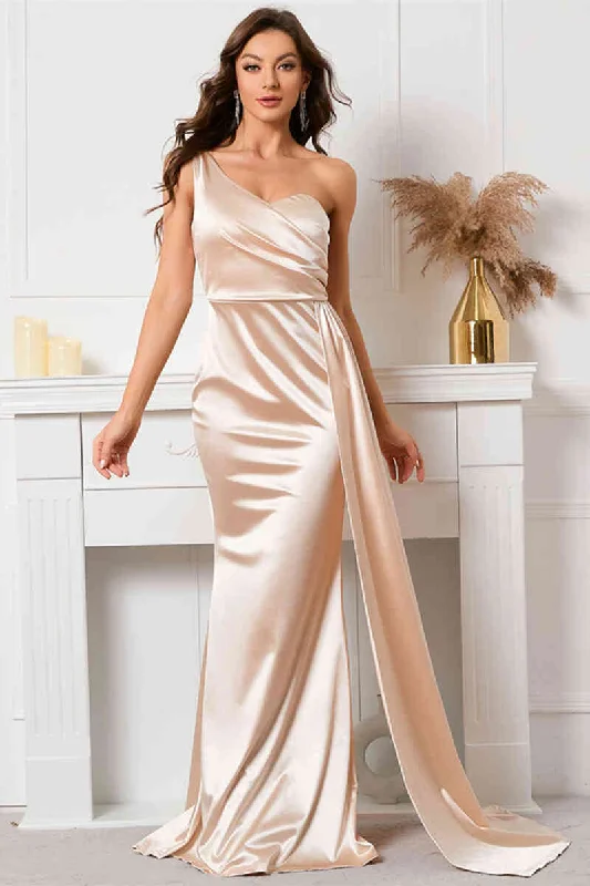 One Shoulder Champagne Long Evening Dress with Streamer