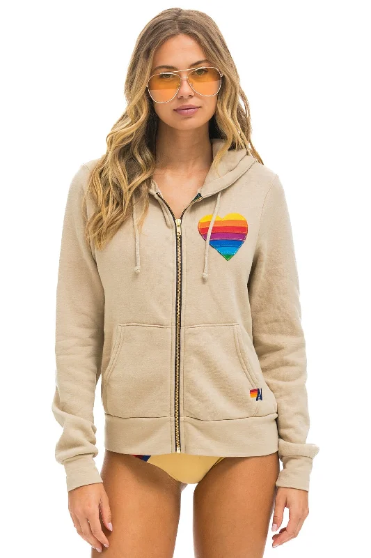 RAINBOW HEART STITCH ZIP HOODIE - SAND